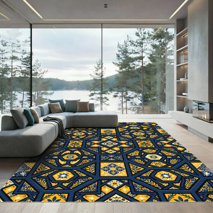 Cobalt and Gold Floral Geometric Tile Rug