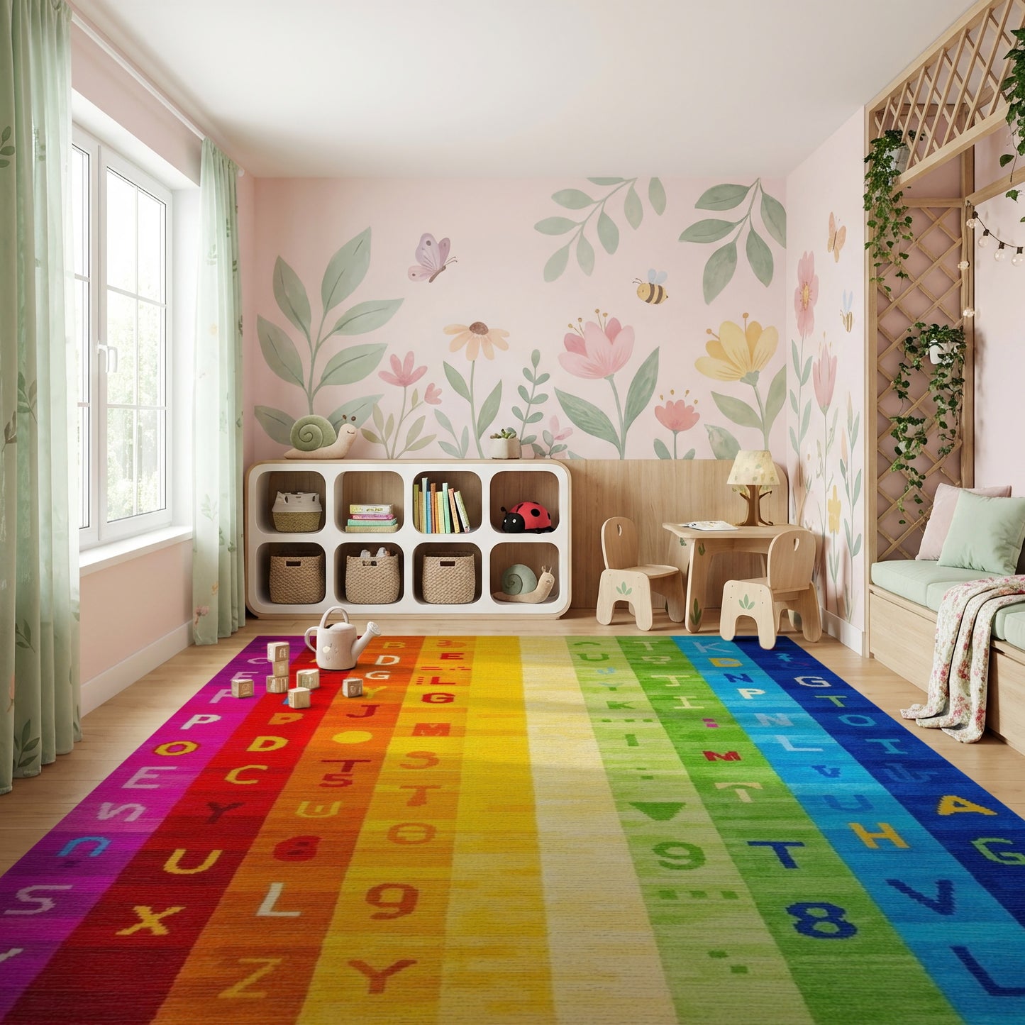Vibrant Rainbow Alphabet Stripes Rug
