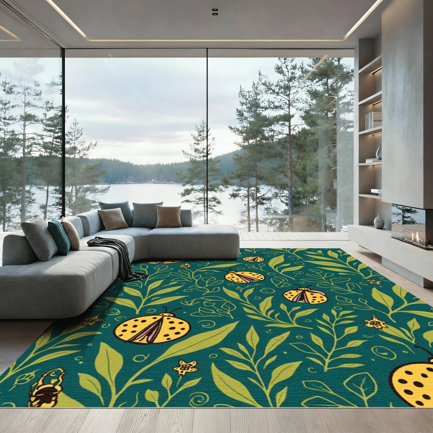 Whimsical Yellow Ladybug Garden Teal Rug