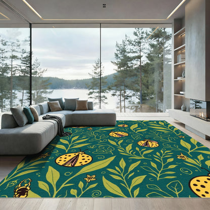 Whimsical Yellow Ladybug Garden Teal Rug