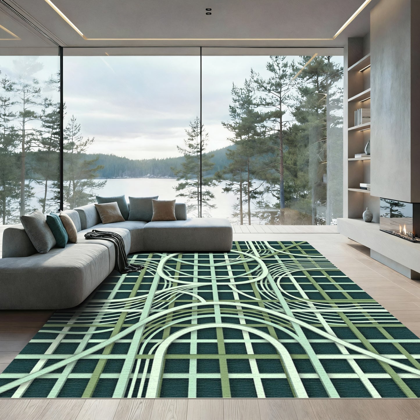 Modern Sage Green Geometric Intersecting Circles Rug