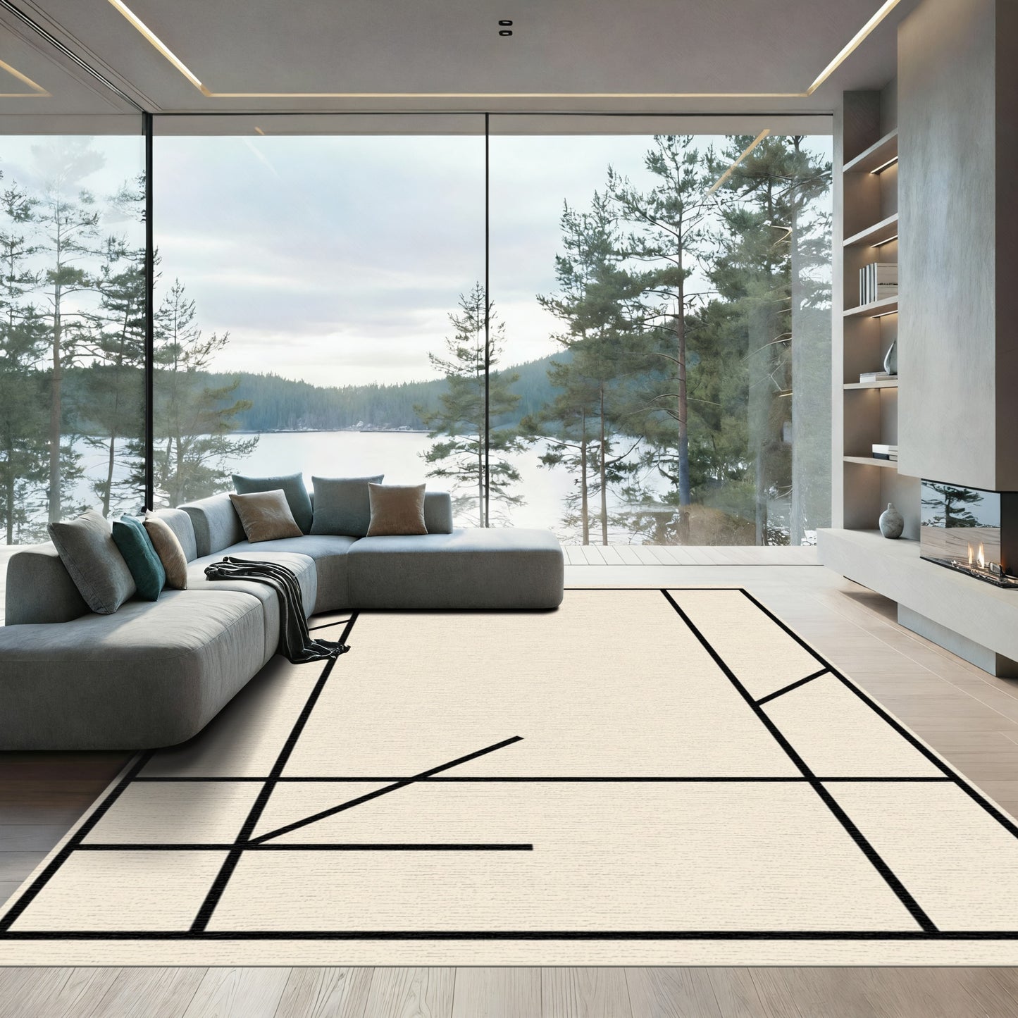 Minimalist Beige Abstract Geometric Lines Rug
