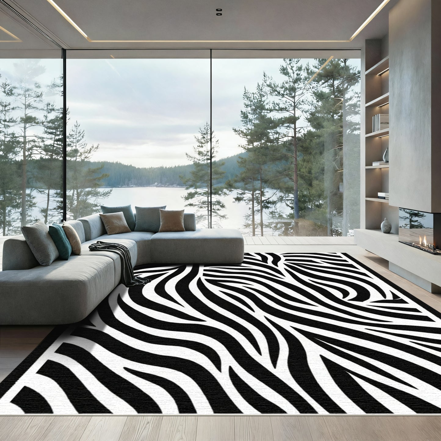 Abstract Black White Zebra Waves Rug