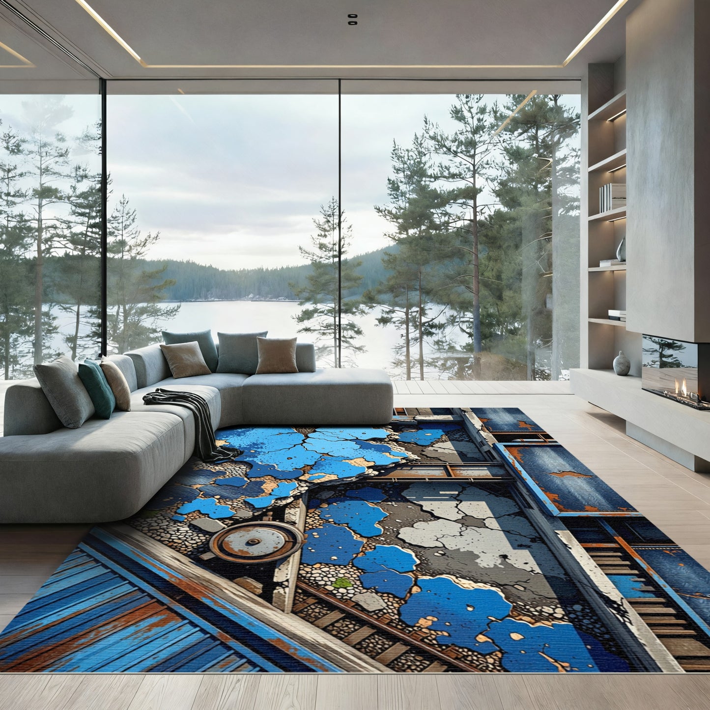 Urban Blue Abstract Cracked Texture Rug