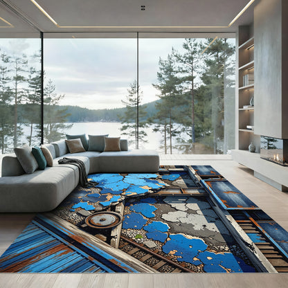 Urban Blue Abstract Cracked Texture Rug