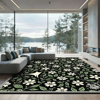 Cream Floral Whimsical Cat Black Rug