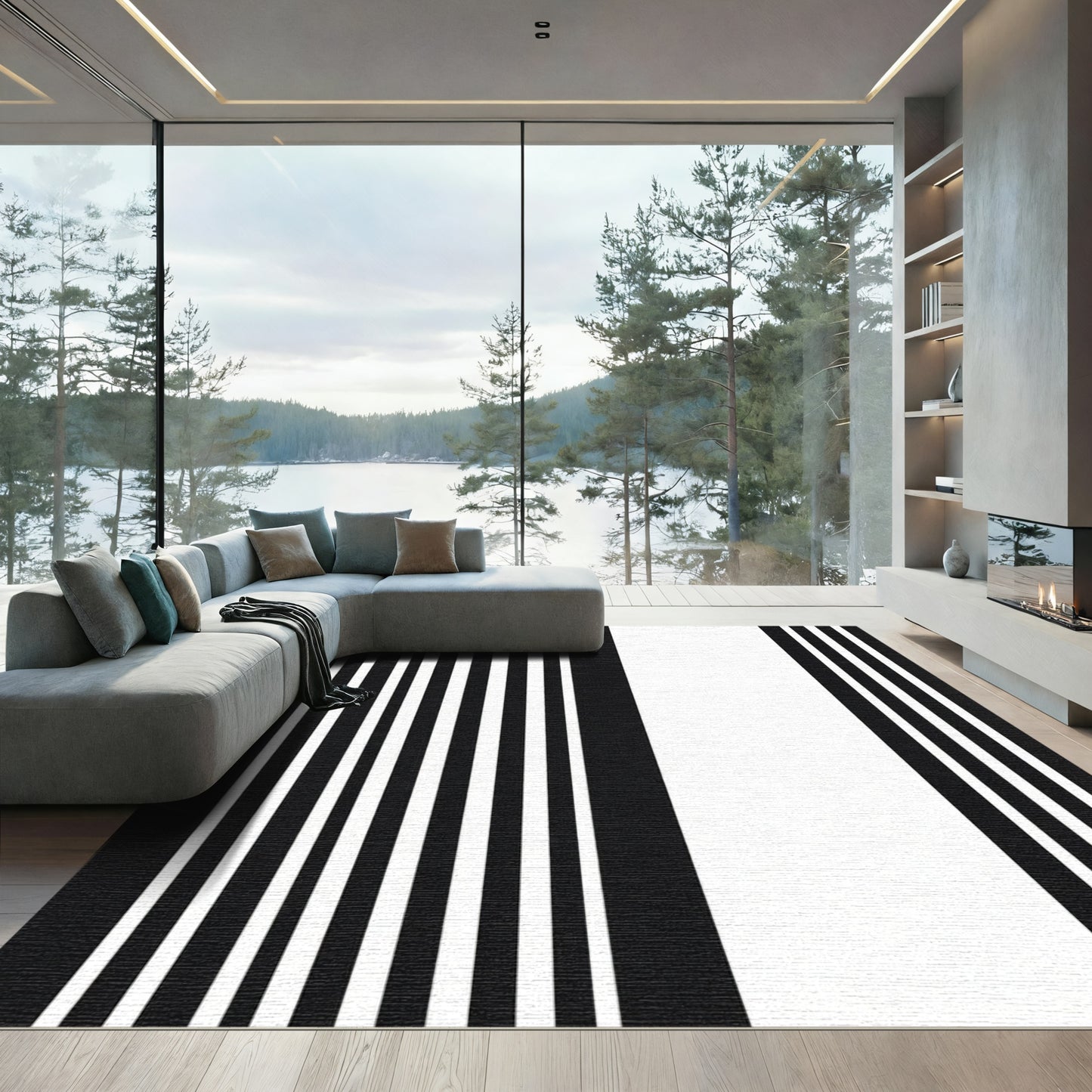 Sharp Graphic Black And White Bars Rug