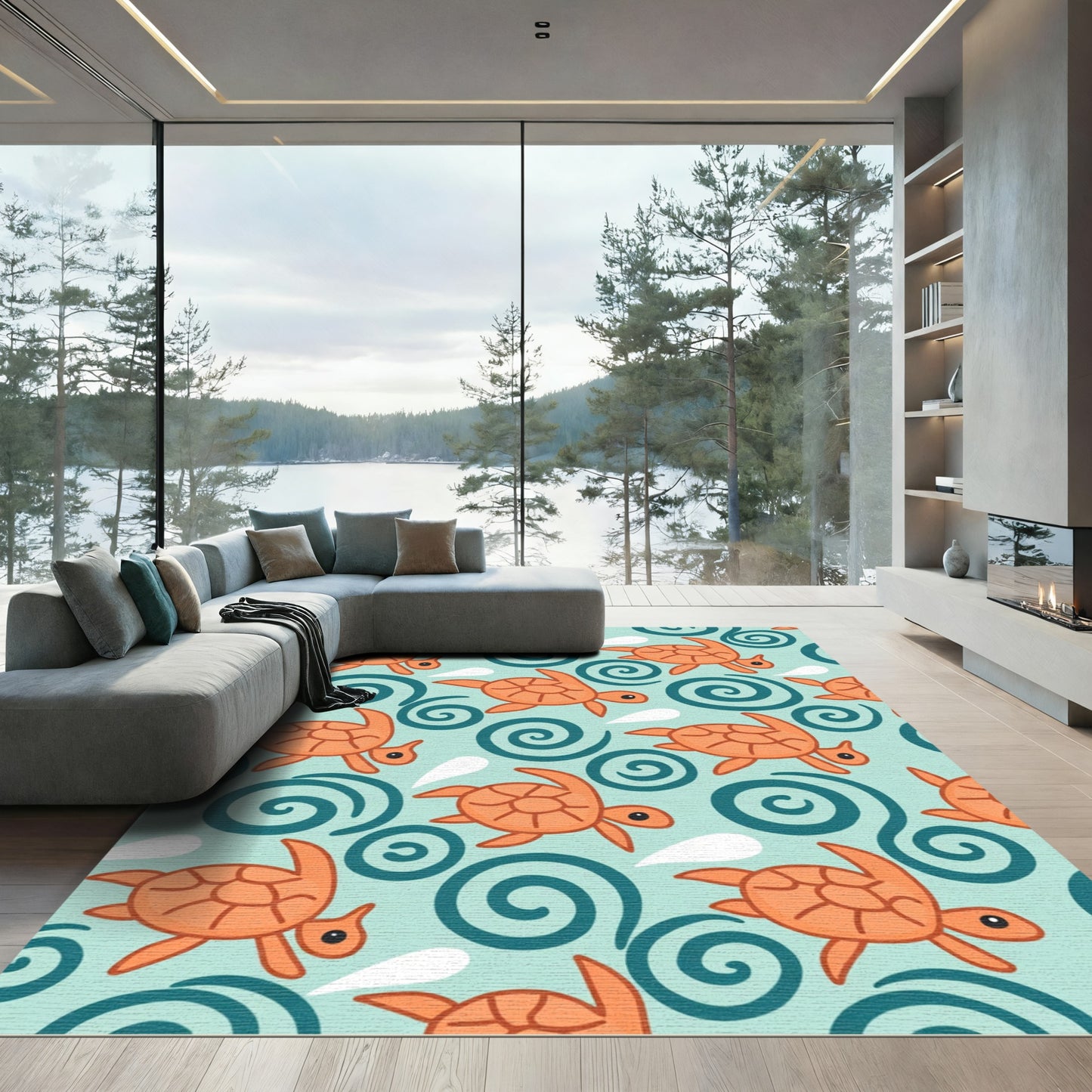 Orange Turtles Swirling Ocean Waves Rug