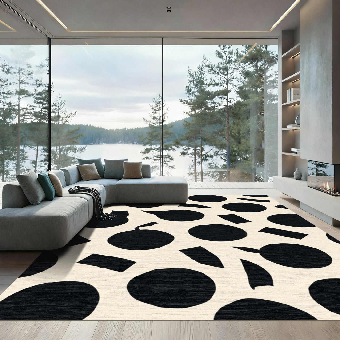 Abstract Circles and Rectangles Monochrome Rug