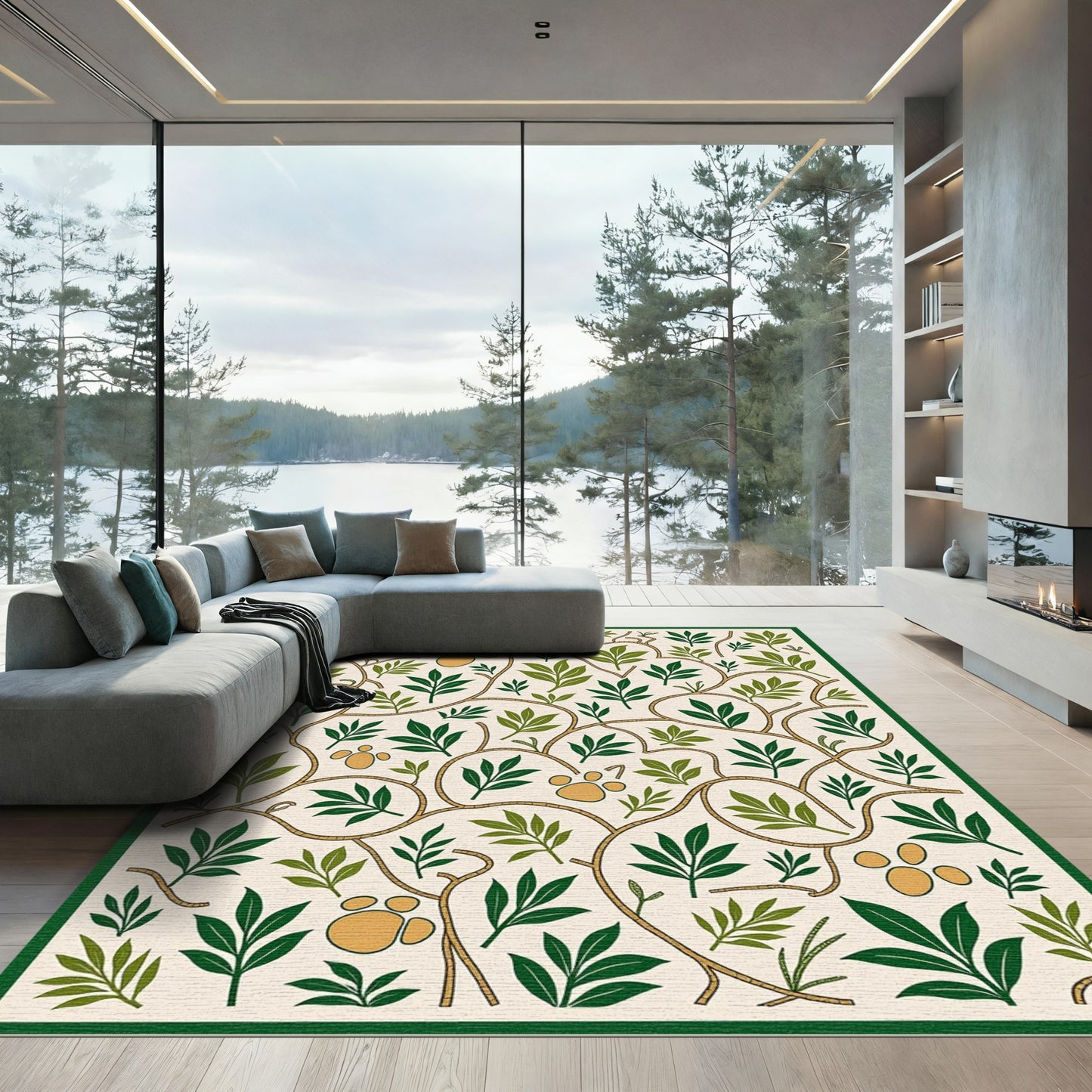 Cream Green Twig Paw Print Medallion Rug