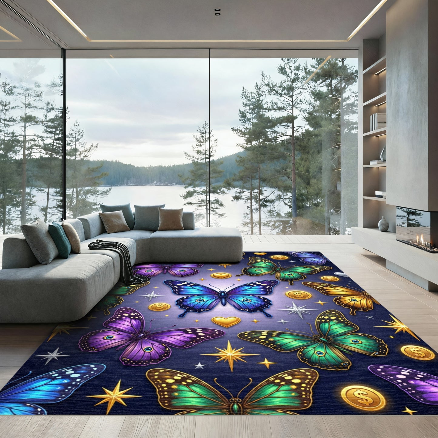 Ethereal Golden Butterfly Celestial Fantasy Rug