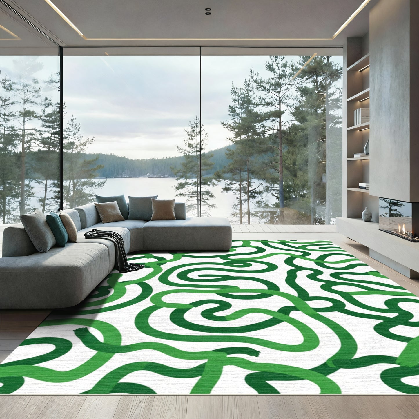 Green Swirling Vine Abstract Rug