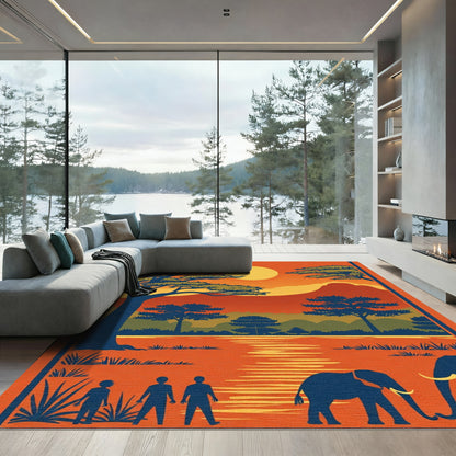 Vibrant Sunset Safari Elephant Landscape Rug
