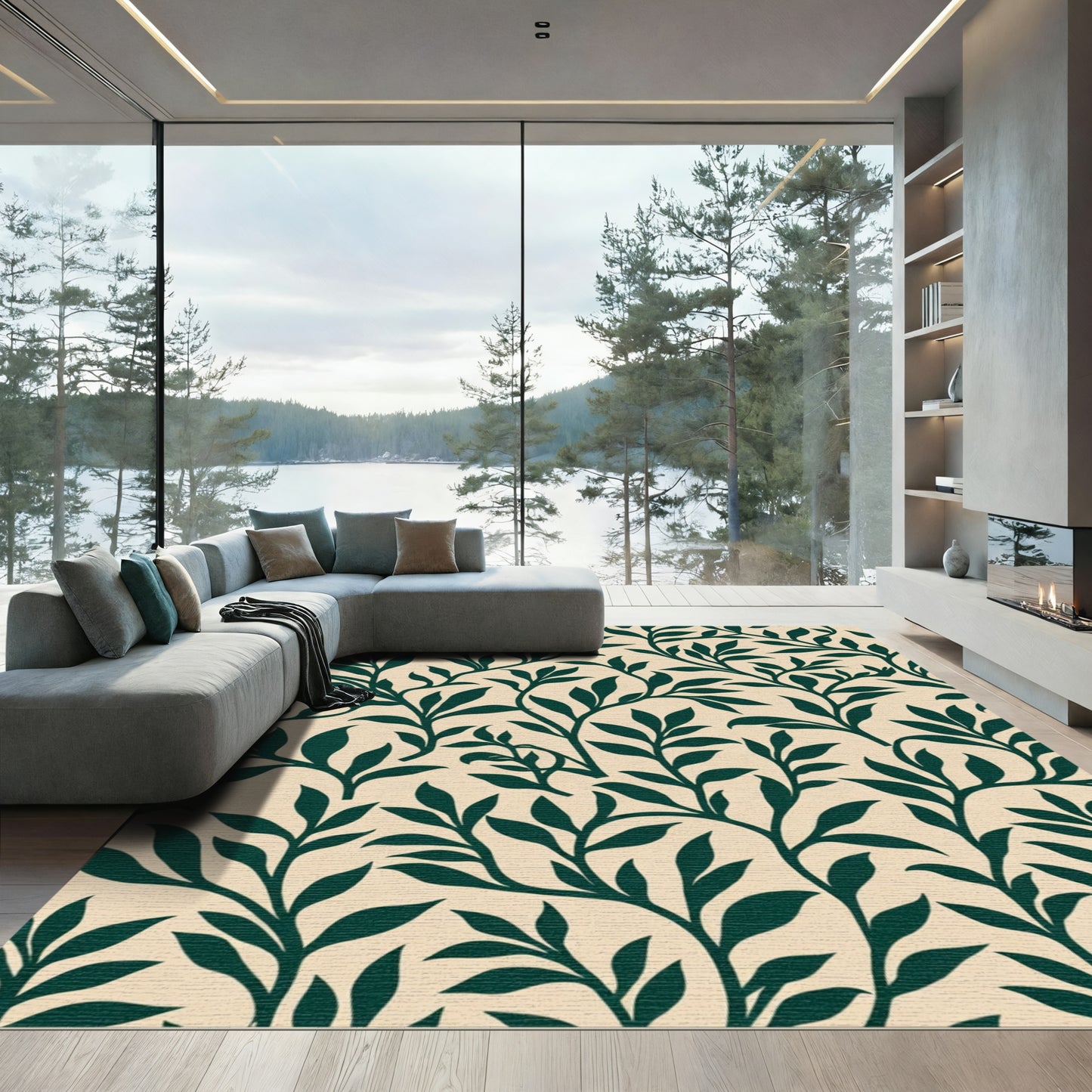 Dark Green Vine Botanical Pattern Rug