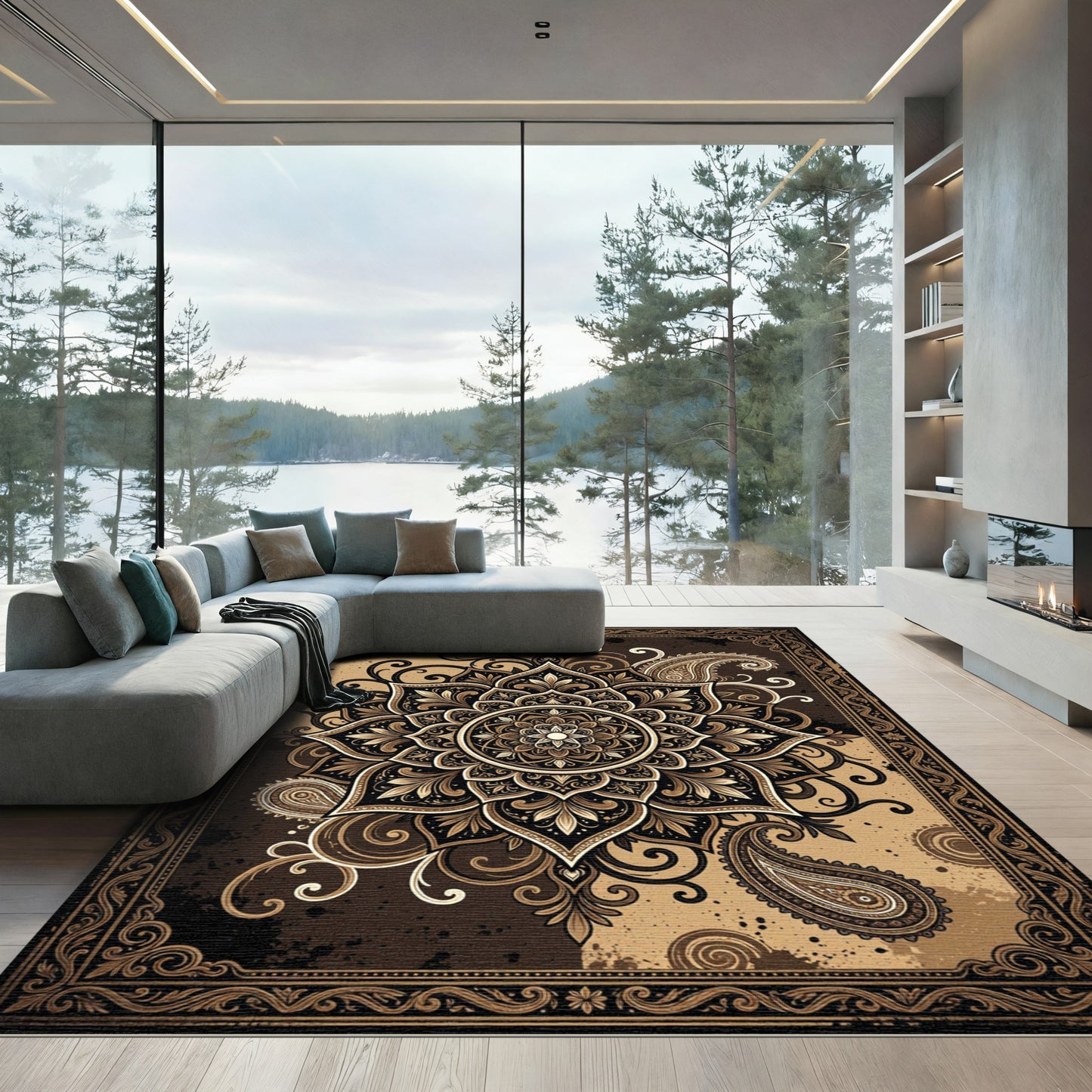 Earthy Brown Floral Mandala Paisley Rug
