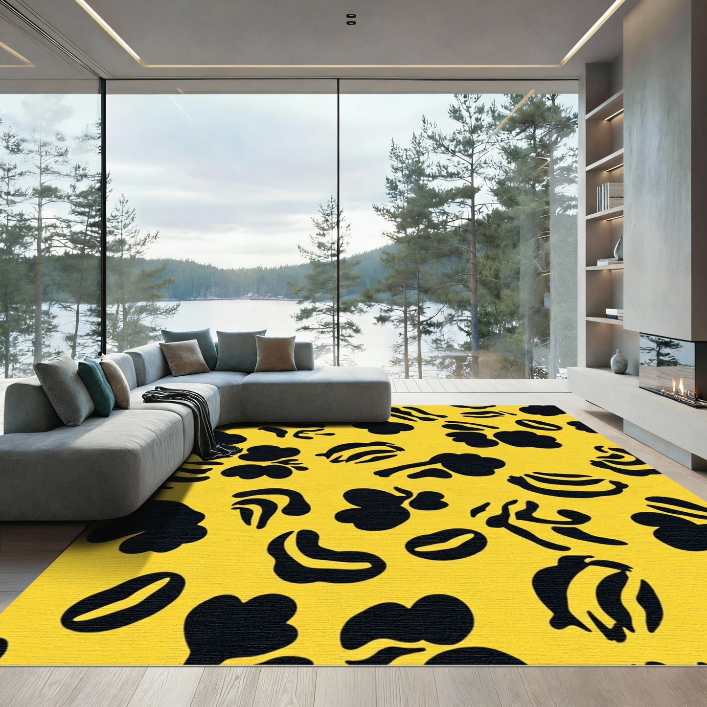 Vibrant Yellow Black Abstract Elements Rug