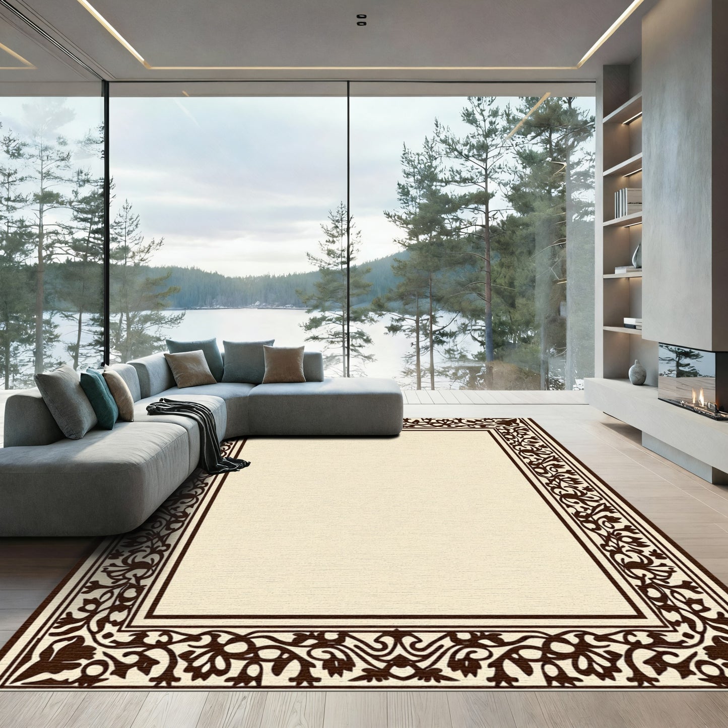 Dark Brown Floral Border Cream Rug