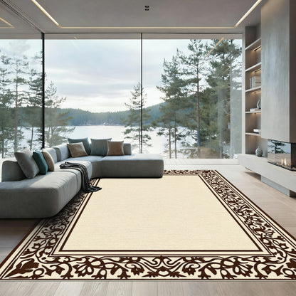 Dark Brown Floral Border Cream Rug