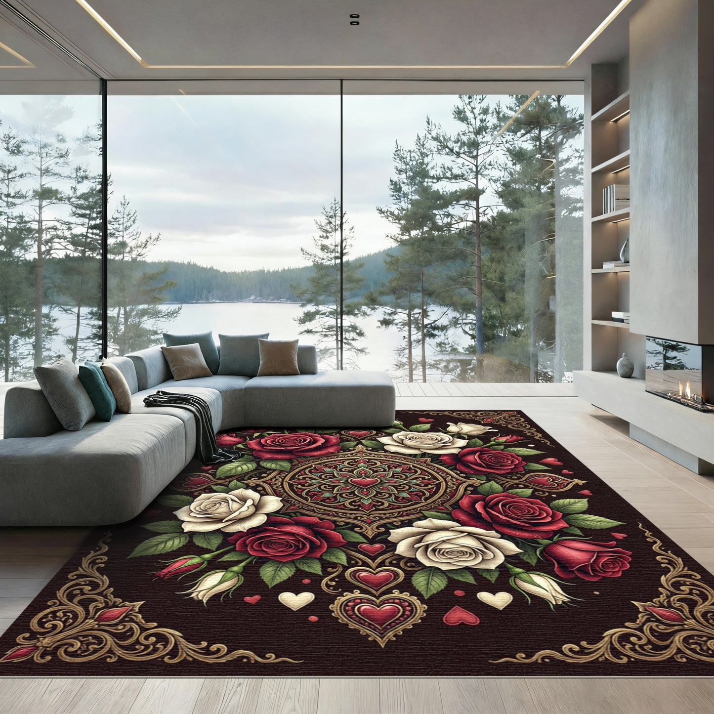 Romantic Red and White Rose Medallion Rug