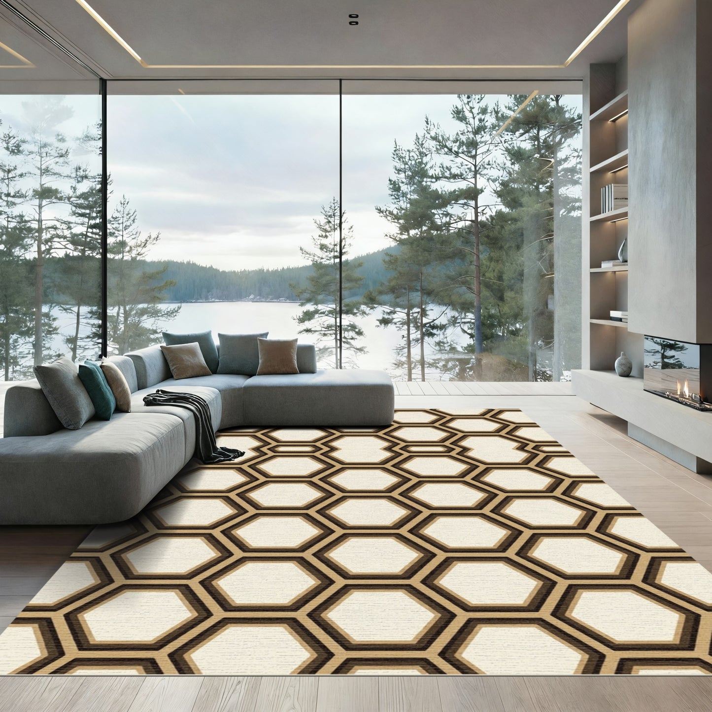 Modern Minimalist Geometric Cream Hexagon Rug