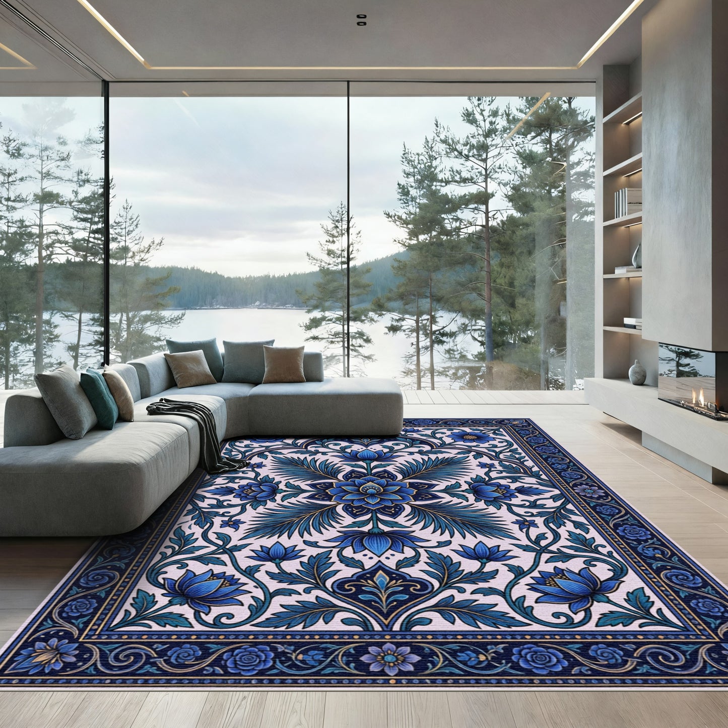 Royal Blue Floral Ornate Symmetry Rug