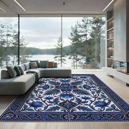 Royal Blue Floral Ornate Symmetry Rug