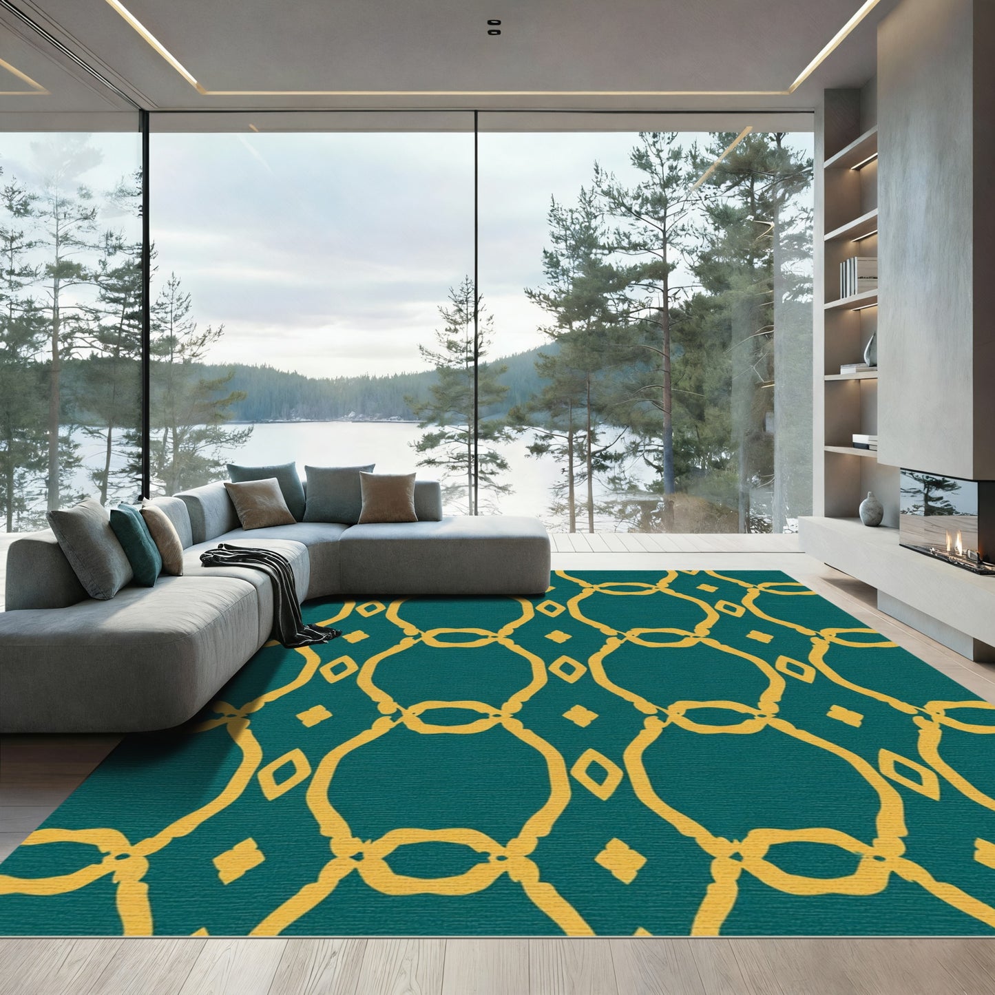 Teal and Gold Lattice GeometricRug Rug