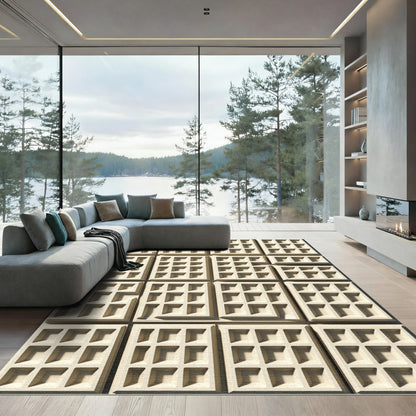 Cream Geometric Square Grid Rug