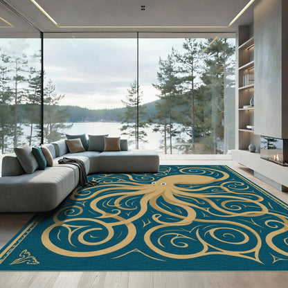 Golden Octopus Swirls Navy Rug