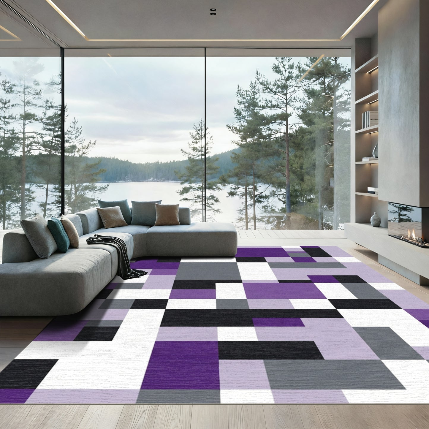 Modern Geometric Purple Gray Blocks Rug