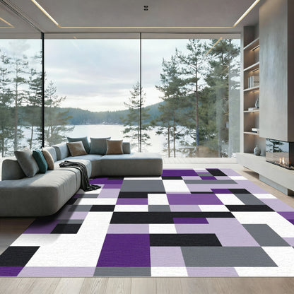 Modern Geometric Purple Gray Blocks Rug