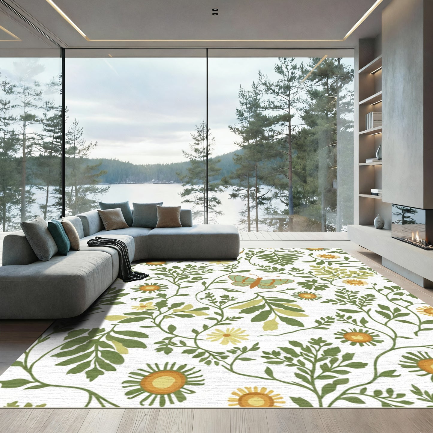 Green Orange Botanical Butterfly Vines Rug