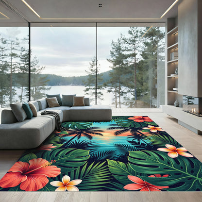 Tropical Sunset Hibiscus and Palm Foliage Rug