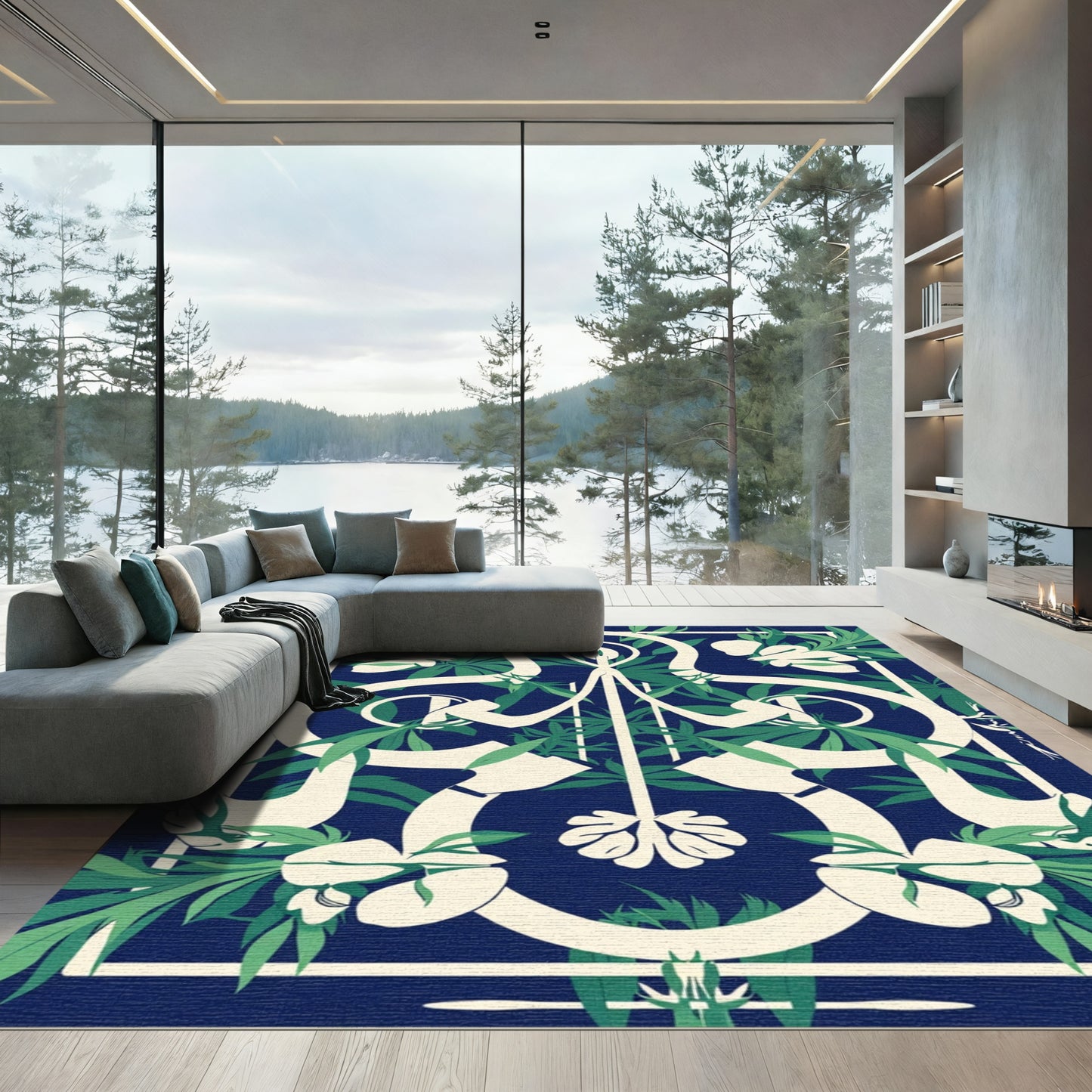 Deep Navy Green Leaf Scroll Rug