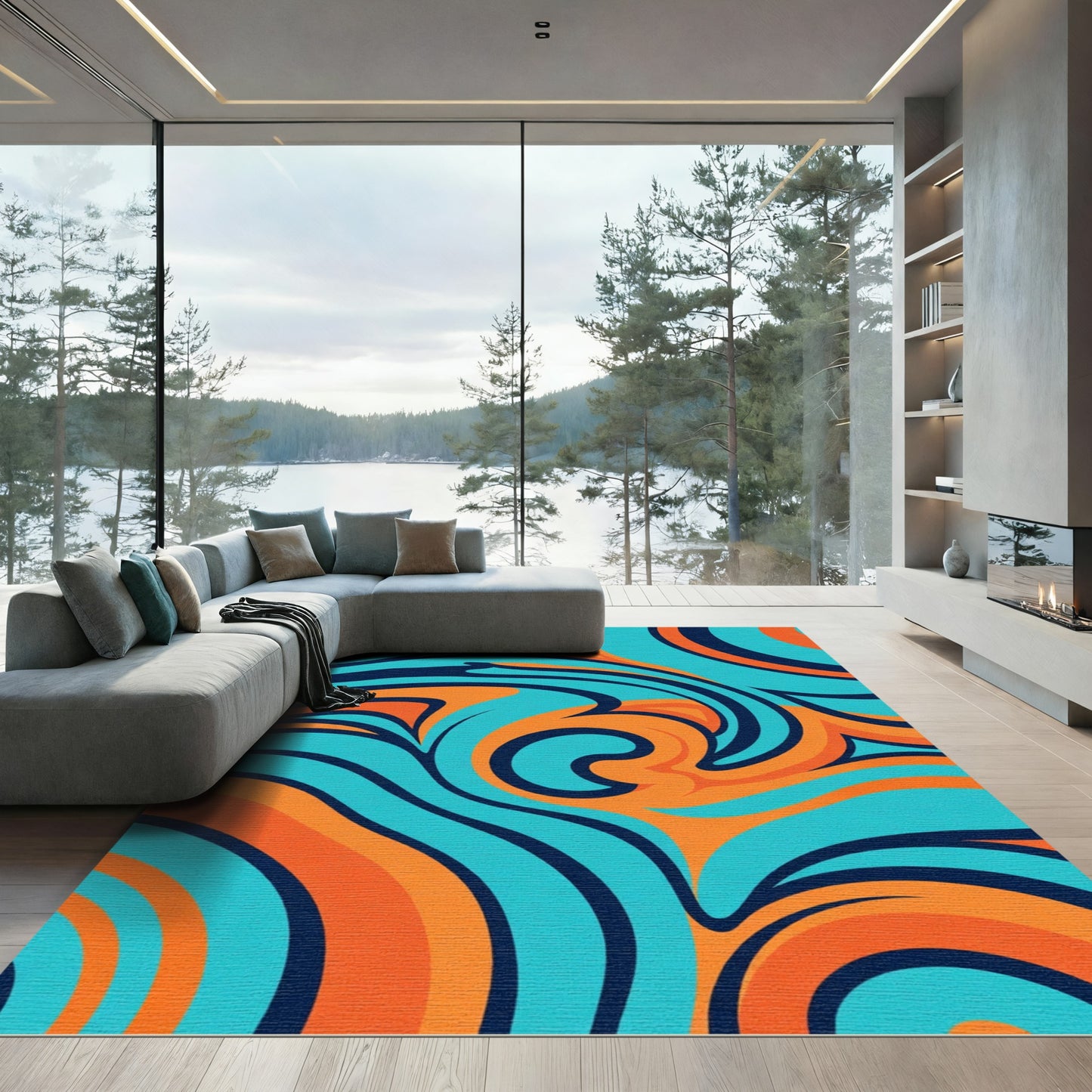 Aqua Orange Swirls Abstract Rug