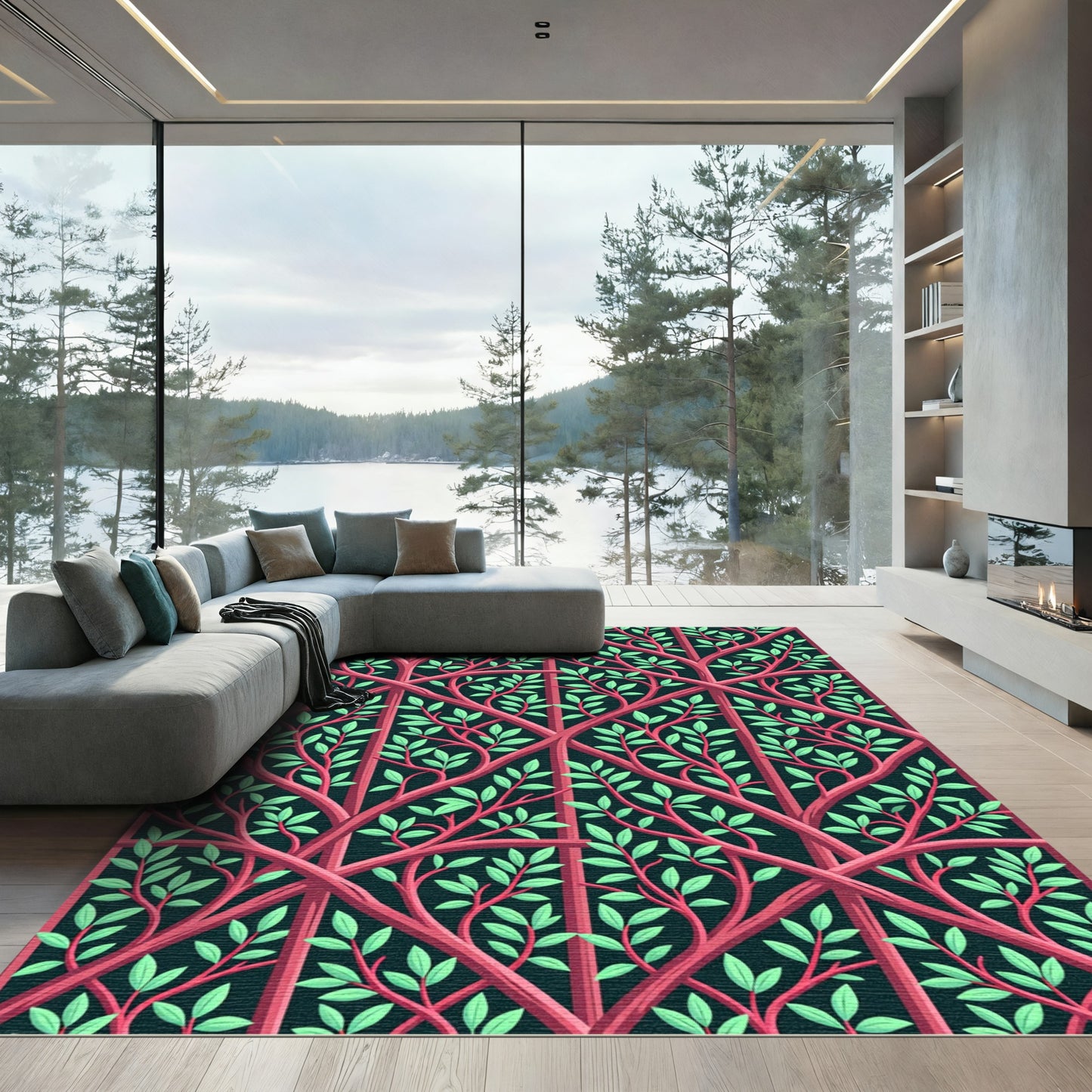 Crimson Trellis with Lush Green Foliage Rug