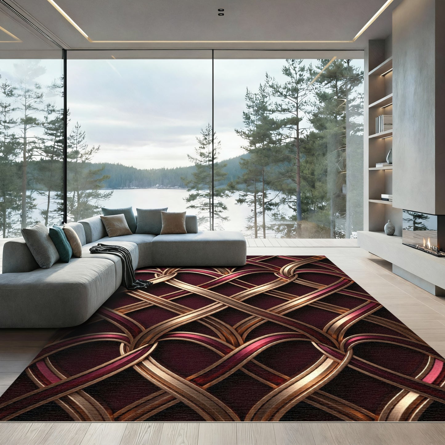 Crimson Gold Interwoven Lattice Rug