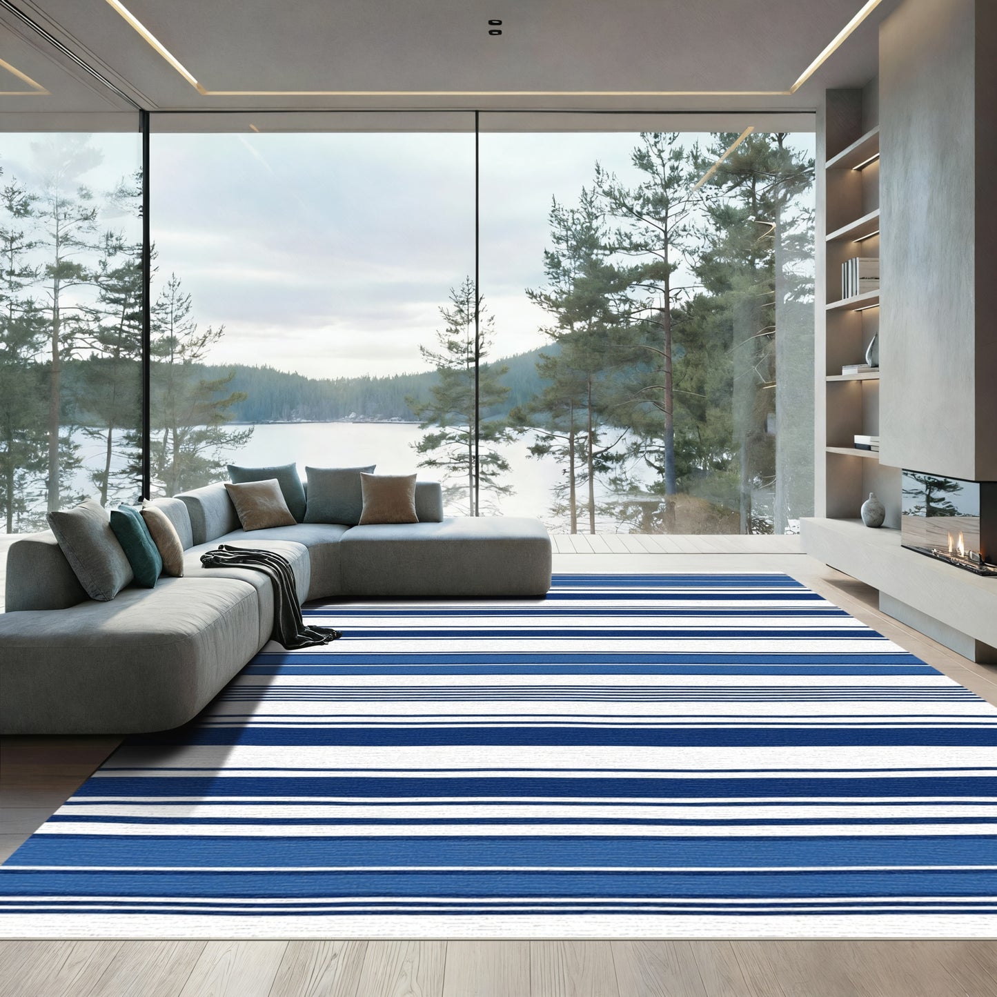 Bold Navy White Horizontal Stripe Rug