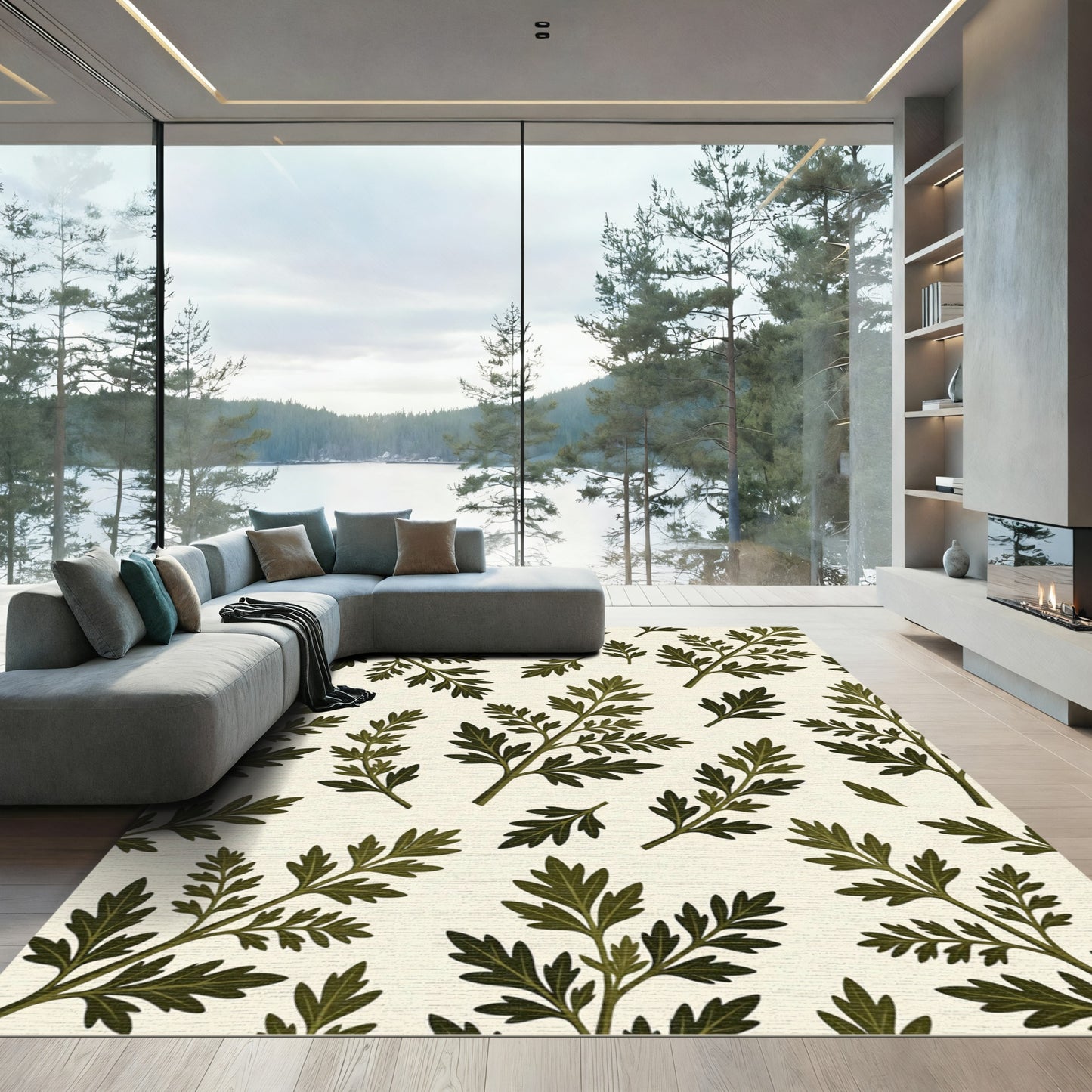 Dark Green Fern Frond Botanical Rug