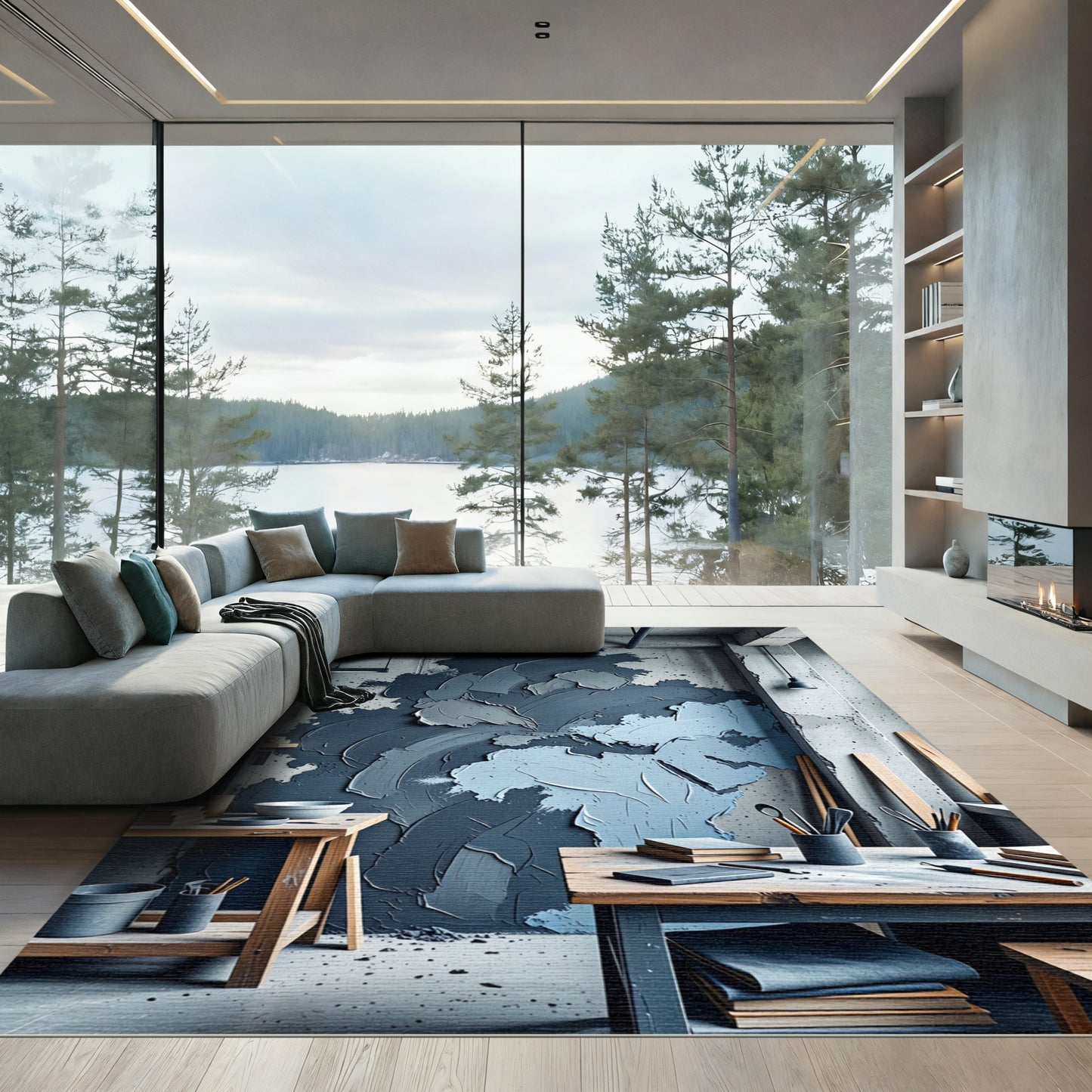 Textured Gray Blue Abstract Swirl Rug