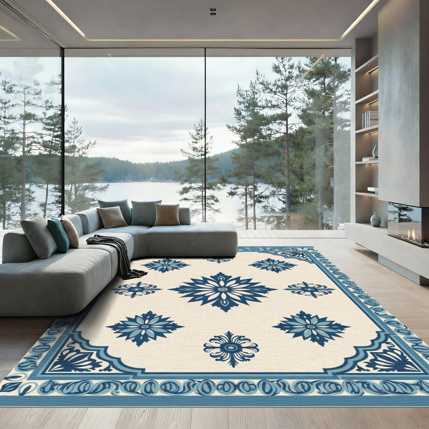 Deep Blue Floral Medallion Ivory Rug