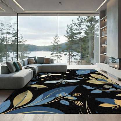 Midnight Forest Insects Blue Gold Rug