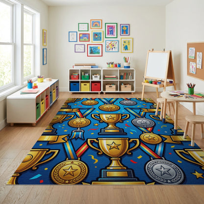 Celebratory Gold Silver Trophies Confetti Rug