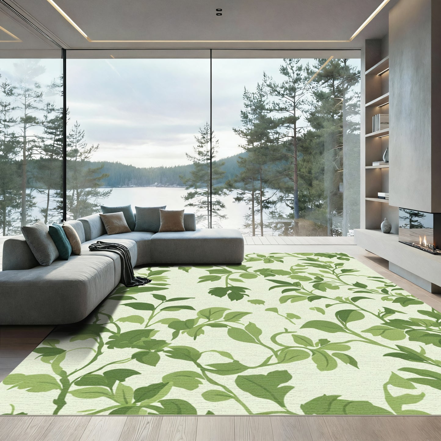 Verdant Green Leafy Vine Scroll Rug