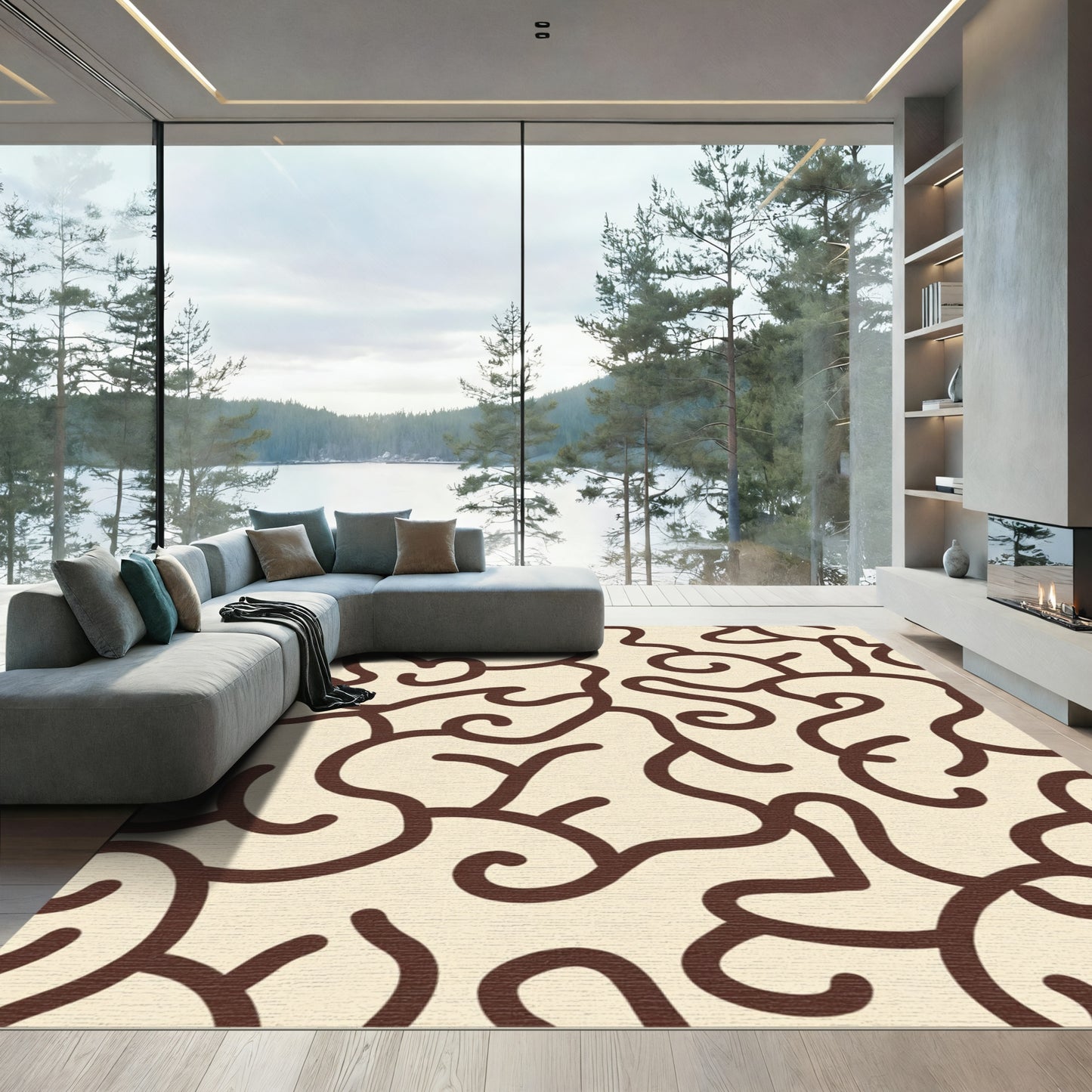 Cream Brown Abstract Swirls Rug