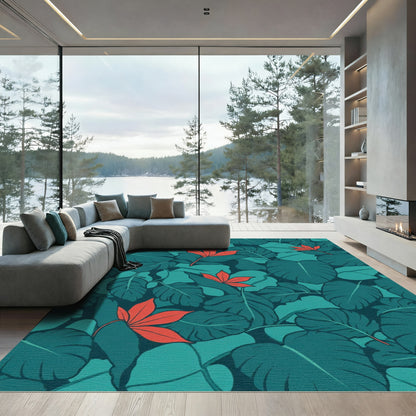 Tropical foliage rich teal orange accents Rug