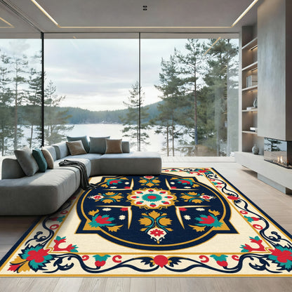 Crimson Teal Golden Floral Medallion Rug