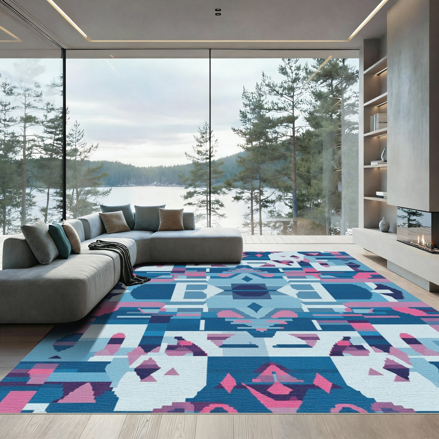 Abstract Blue Pink Geometric Diamond Loom Rug