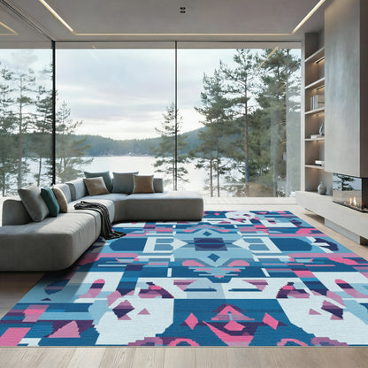 Abstract Blue Pink Geometric Diamond Loom Rug