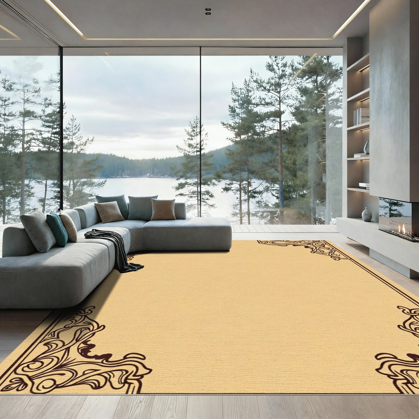 Ornate Beige Scrollwork Corner Accents Rug
